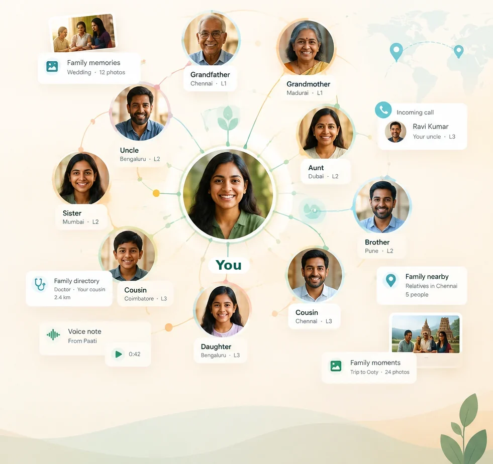 FamRoot family network: you at the centre, surrounded by relatives including grandfather, grandmother, uncle, aunt, sister, brother, cousins and daughter, each labelled by city and family level, with subtle feature highlights for family memories, an incoming call that shows the caller is your uncle, a family directory, a voice note, family nearby, and shared family moments.